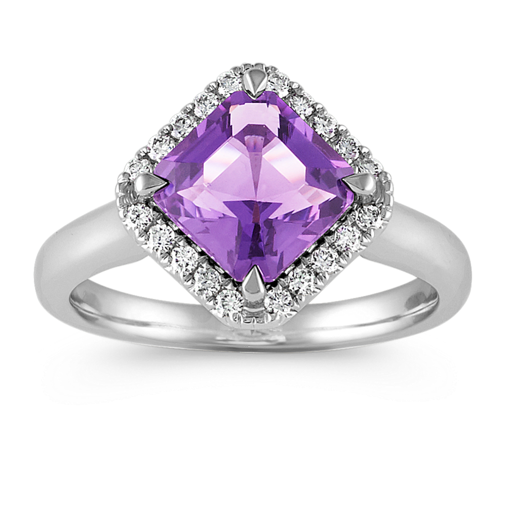 Square Cut Amethyst and Round Diamond Ring