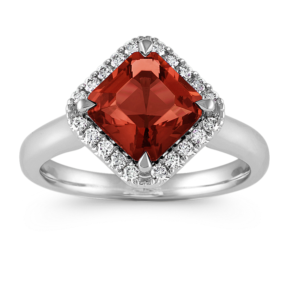 Square Cut Garnet and Round Diamond Ring