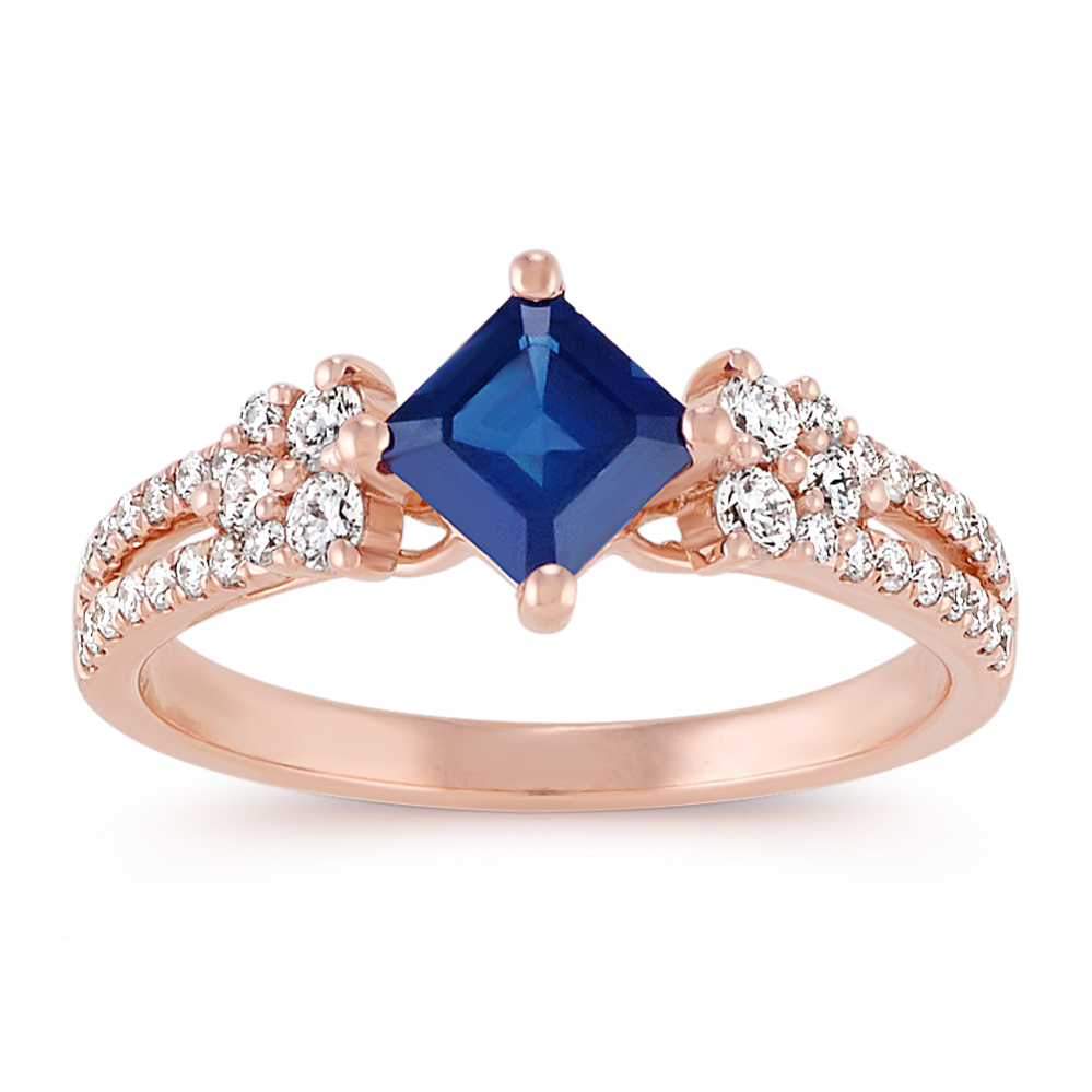 Square Cut Traditional Sapphire and Round Diamond Fashion Ring in Rose Gold