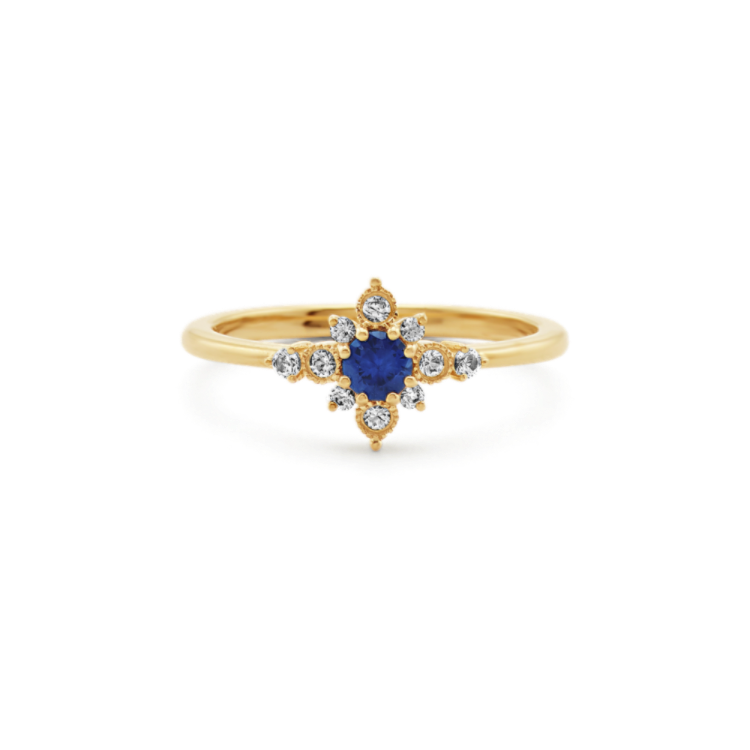 Starburst Traditional Blue and White Natural Sapphire Ring in 14K Yellow Gold