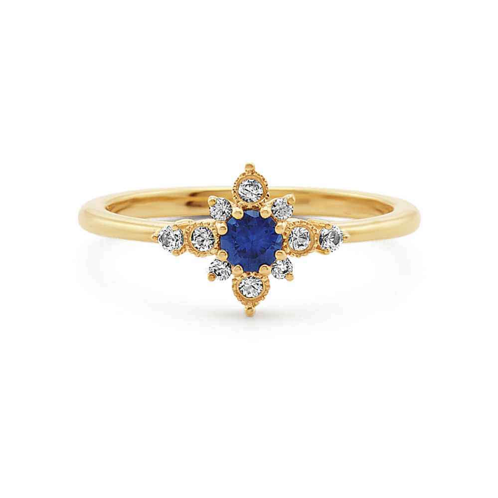 Starburst Traditional Blue and White Sapphire Ring in 14K Yellow 