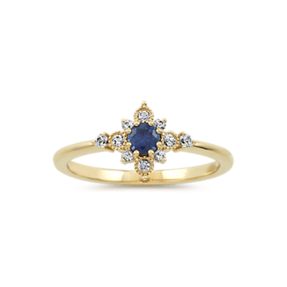 Starburst Traditional Blue and White Sapphire Ring in 14K Yellow Gold