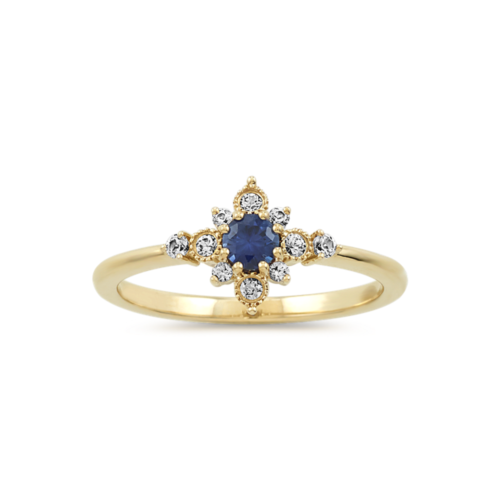 Starburst Traditional Blue and White Sapphire Ring in 14K Yellow Gold