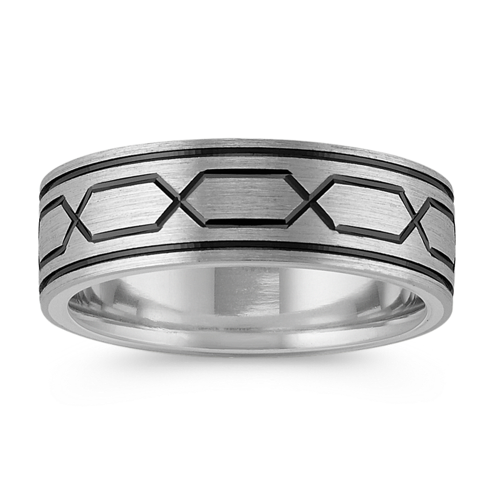 Sterling Silver and 14k White Gold Engraved Ring (7mm)