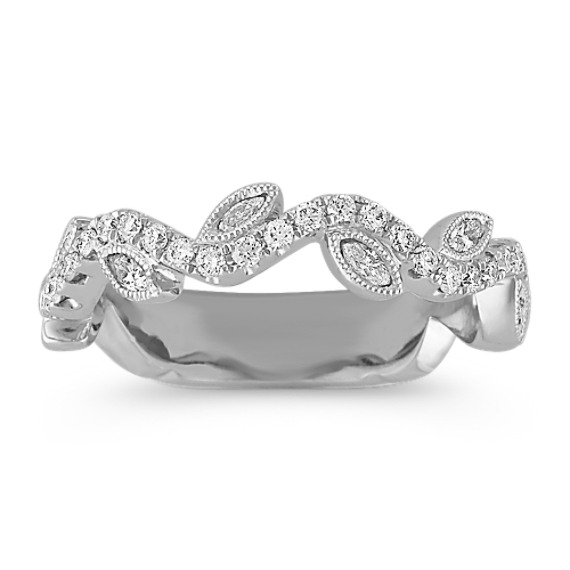 Swirl Marquise and Round Diamond Wedding Band with Leaf Accents
