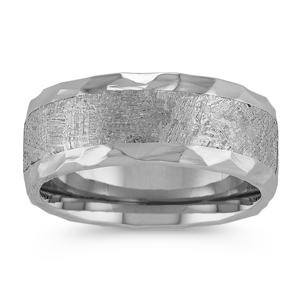 Textured Cobalt and Meteorite Mens Ring with Hammered Edge (9mm)