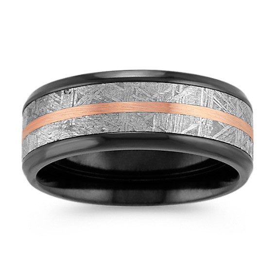 Textured Meteorite, Black Zirconium and 14k Rose Gold Ring (8mm)