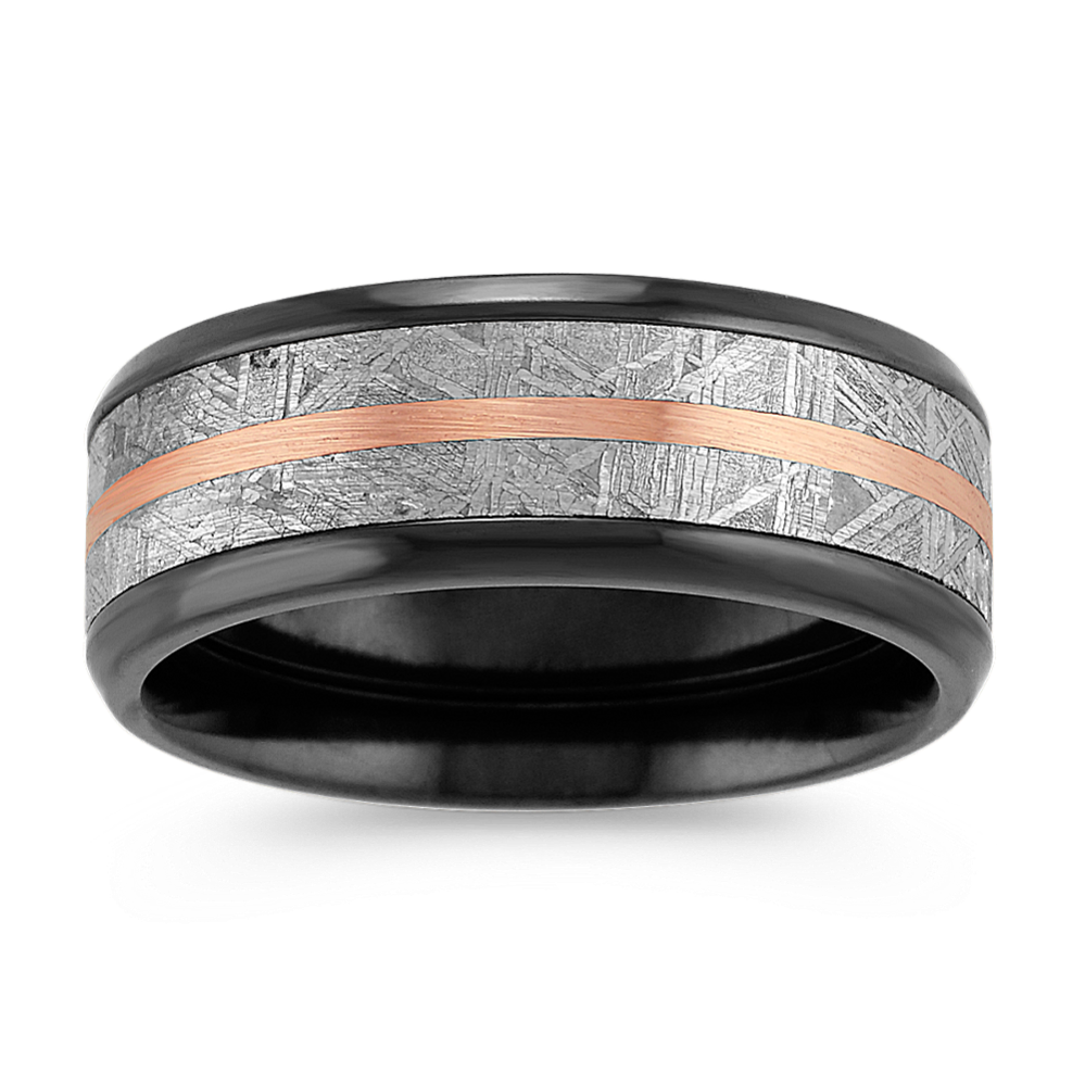 Denali Textured Meteorite, Black Zirconium and 14k Rose Gold Ring (8mm)