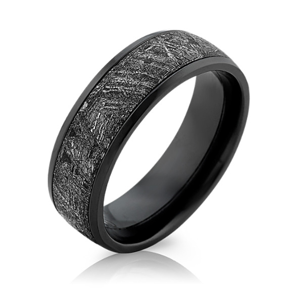 Textured Meteorite and Black Zirconium Mens Ring (7mm) | Shane Co.