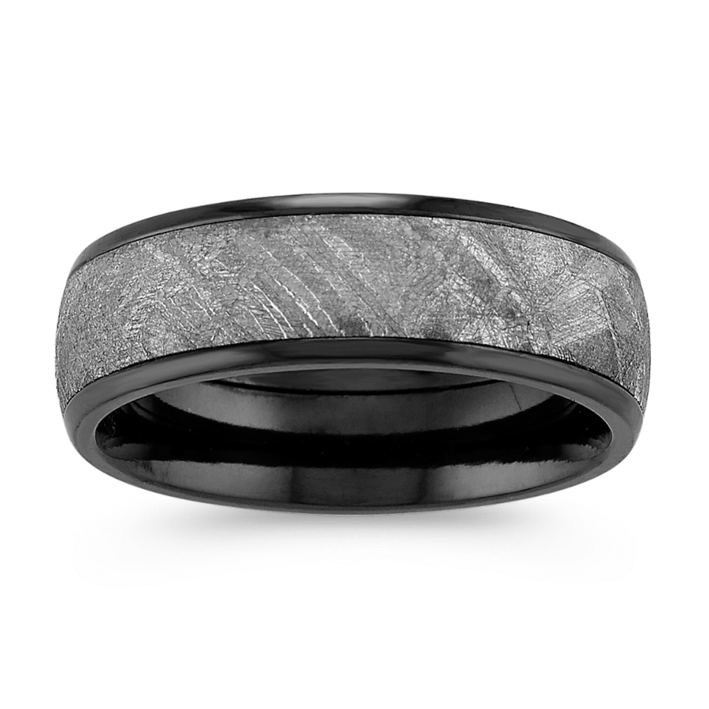 Textured Meteorite and Black Zirconium Mens Ring (7mm)