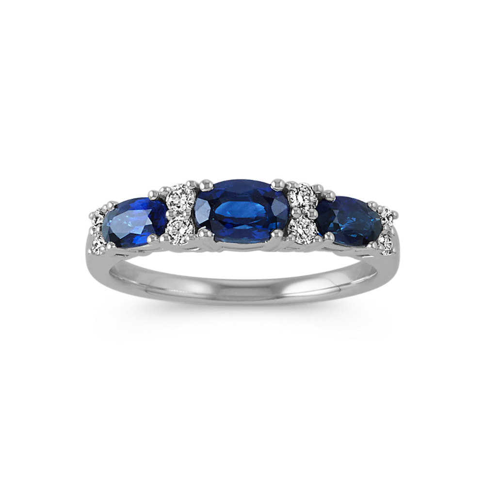 Three-Stone Oval Traditional Natural Sapphire and Round Natural Diamond Ring