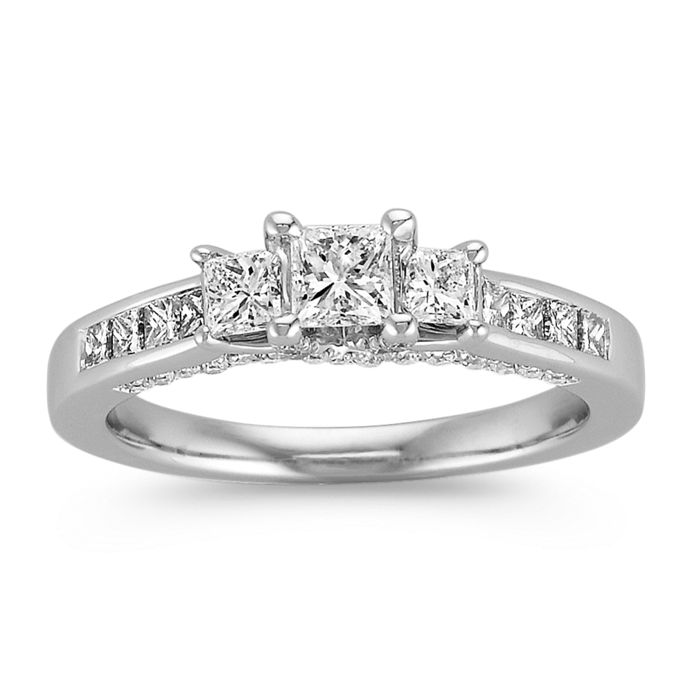 Three-Stone Princess Cut Diamond Ring with Round Diamond Accent