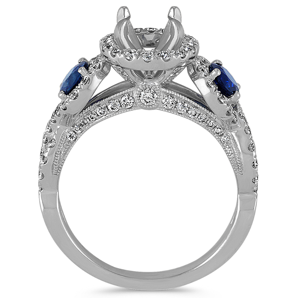 Three-Stone Sapphire and Diamond Halo Engagement Ring | Shane Co.