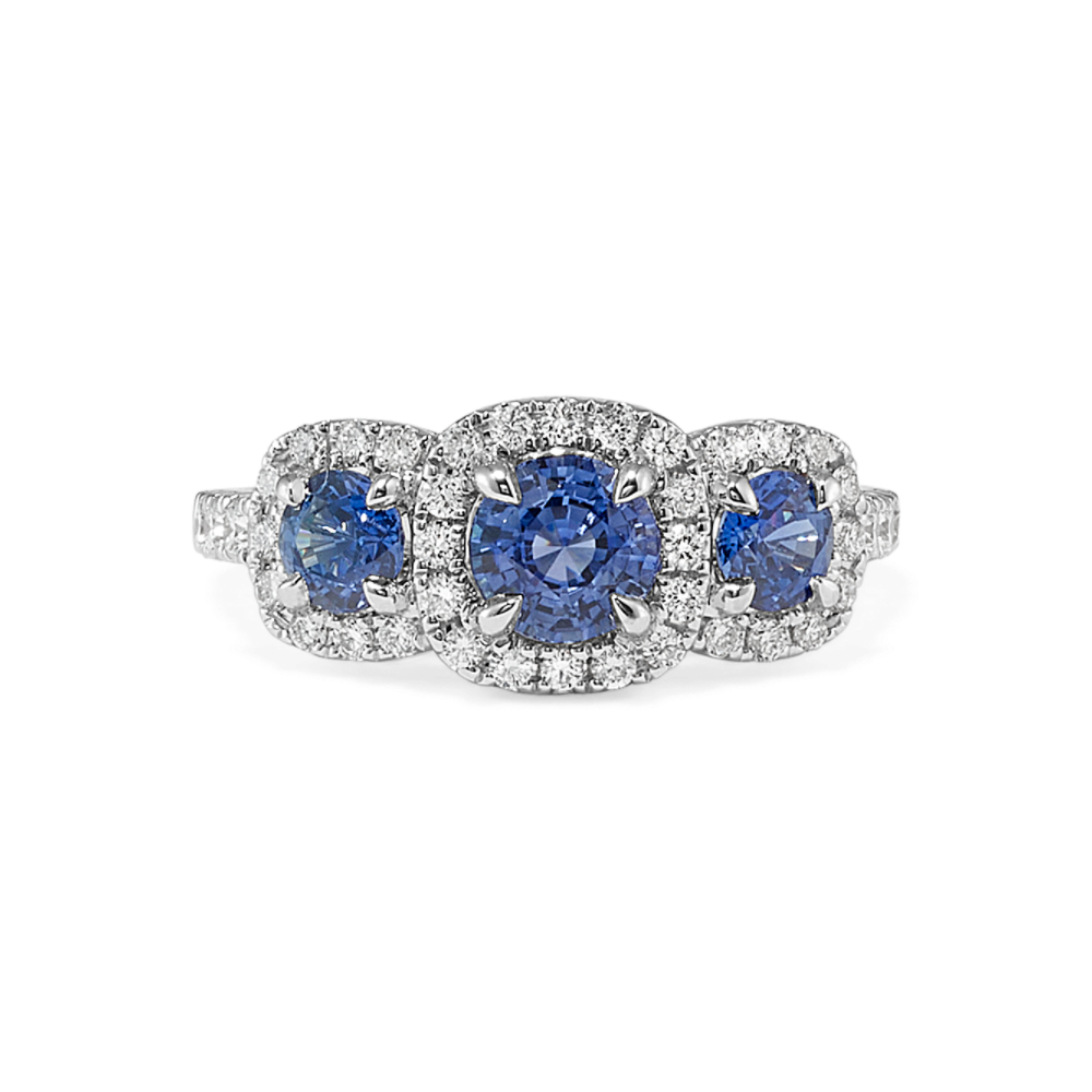 Capri Traditional Blue Natural Sapphire Three-Stone Ring in 14K White Gold