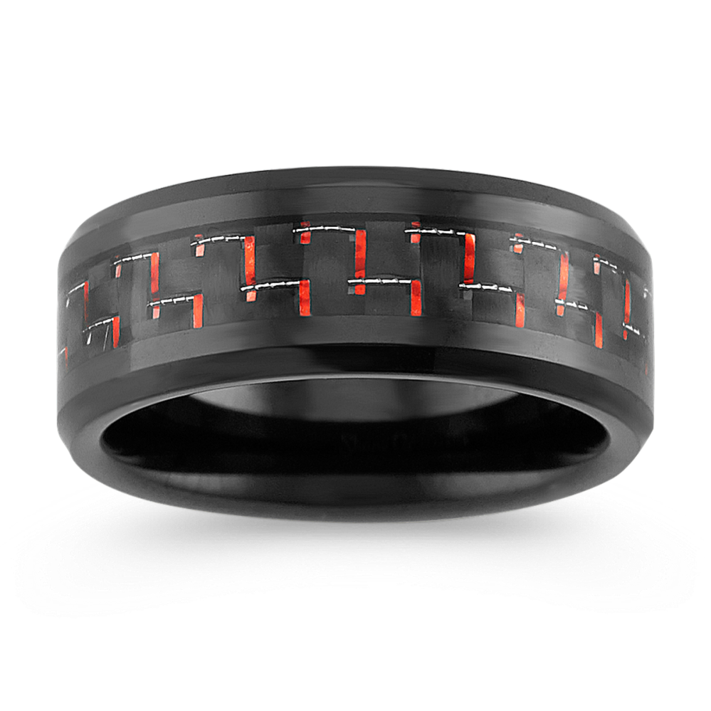 Titanium Ring with Black Ionic Plating and Red Carbon Fiber Accent (8mm)