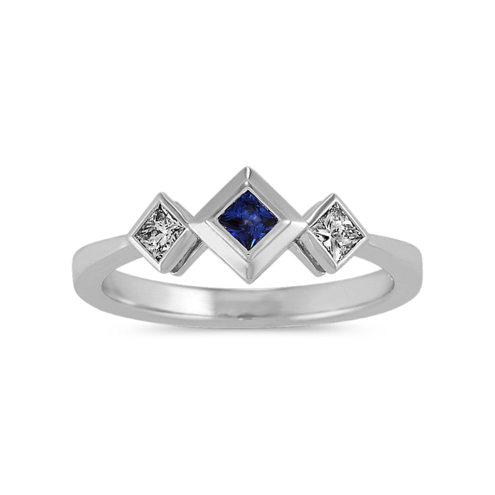 Traditional Blue Sapphire and Diamond Ring in 14k White Gold