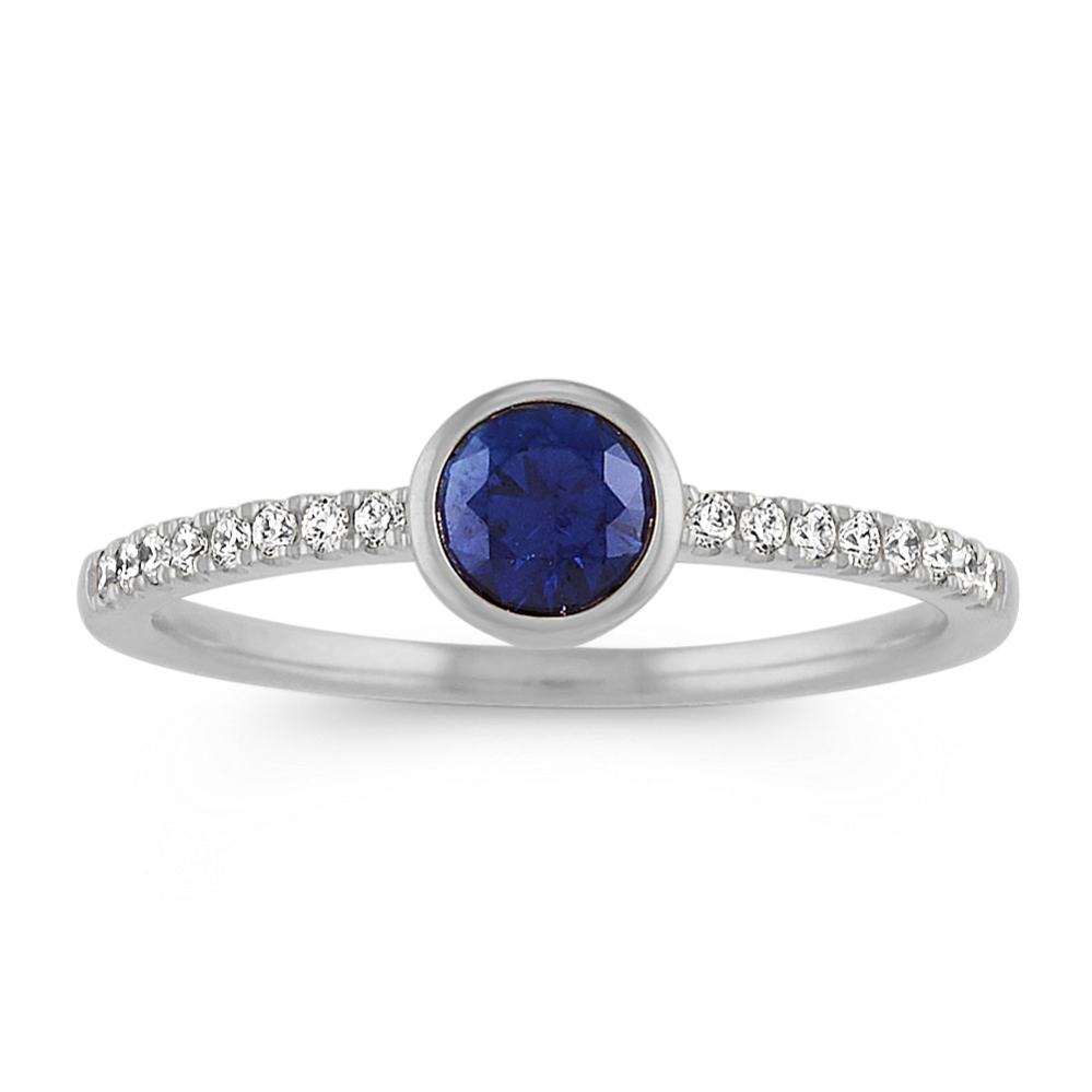 Traditional Blue Sapphire and Diamond Ring in 14k White Gold
