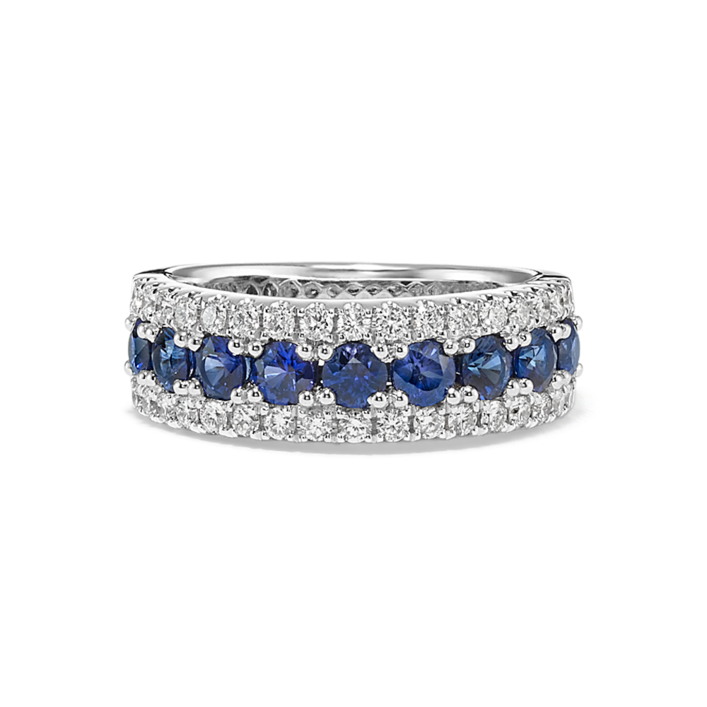 Positano Traditional Blue Natural Sapphire and Natural Diamond Ring in 14k White Gold