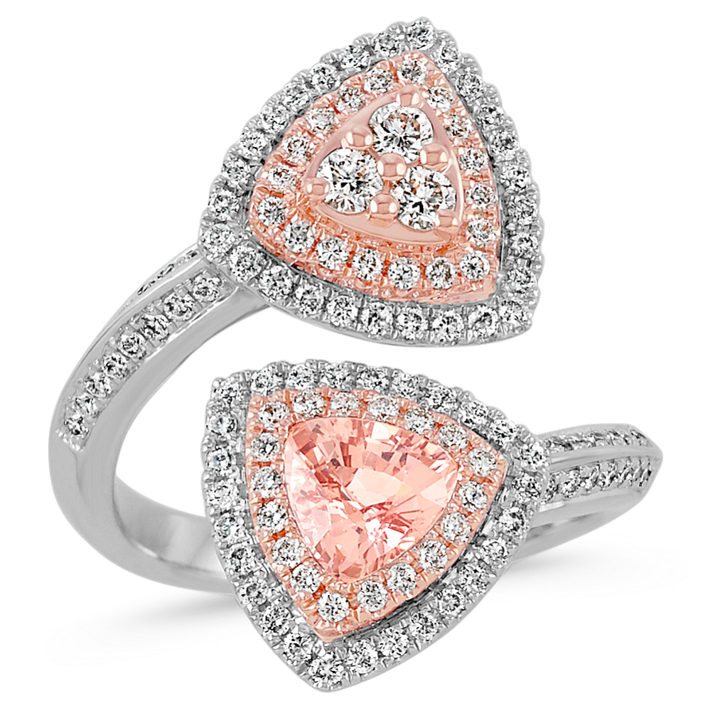 Trillion Peach Sapphire and Round Diamond 14k White and Rose Gold Ring