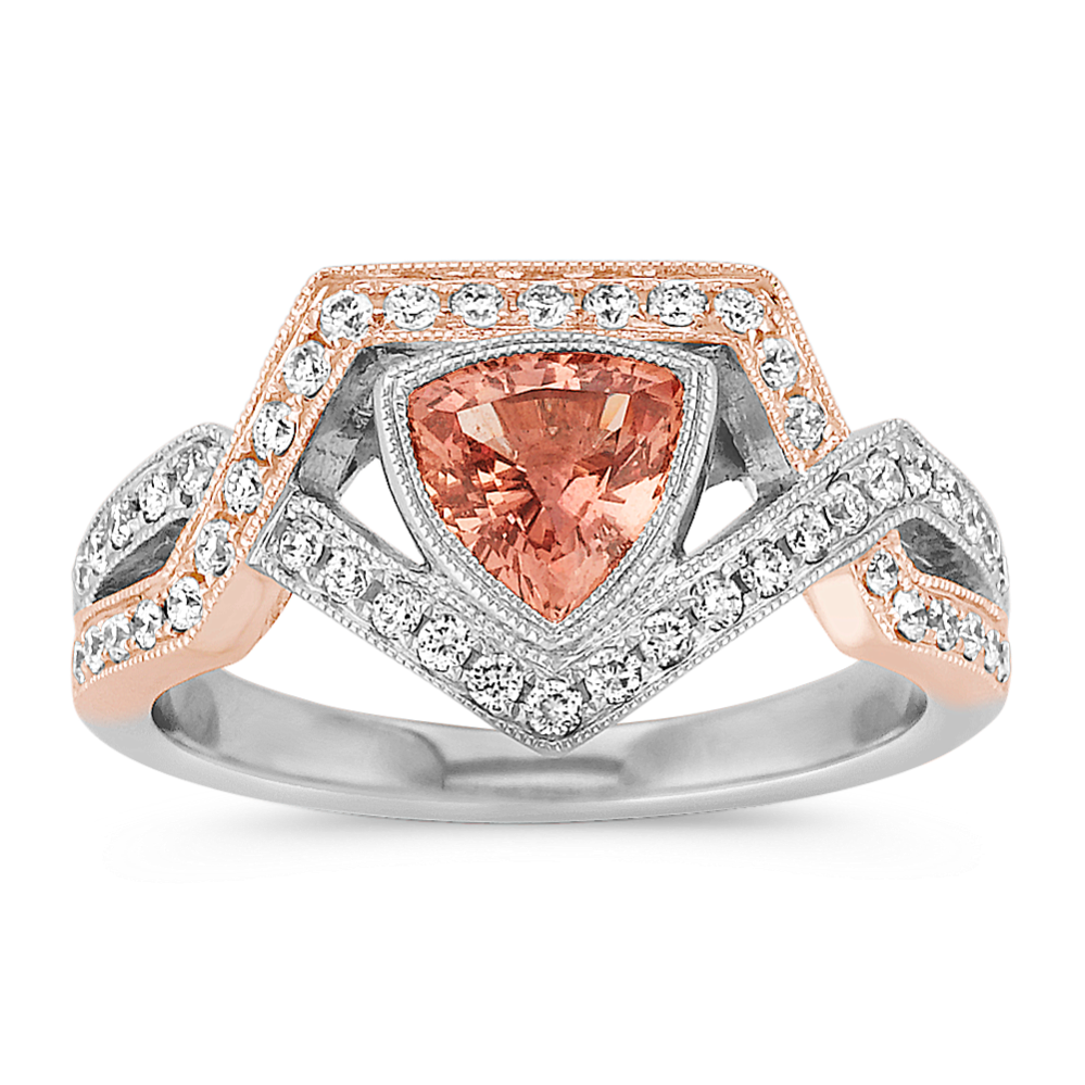 Trillion Peach Sapphire and Round Diamond Ring