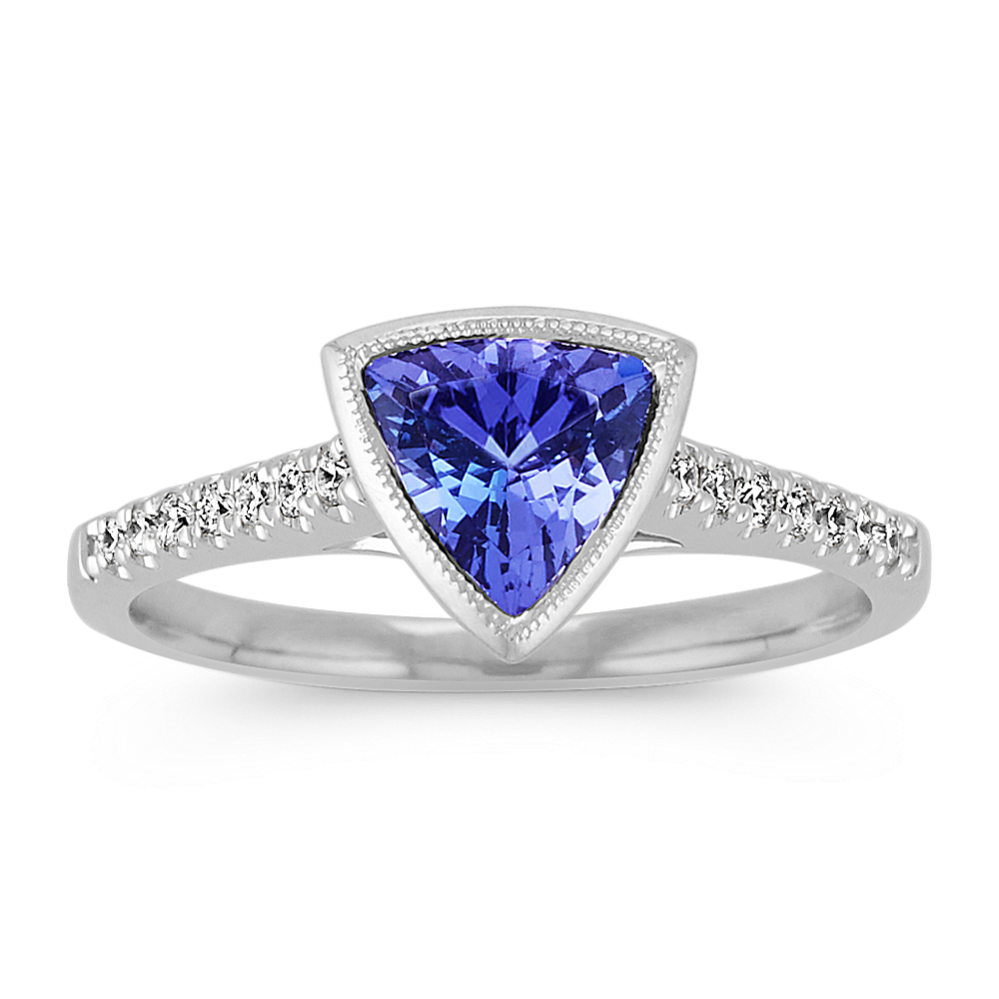 Trillion Tanzanite and Round Diamond Ring with Milgrain Detailing