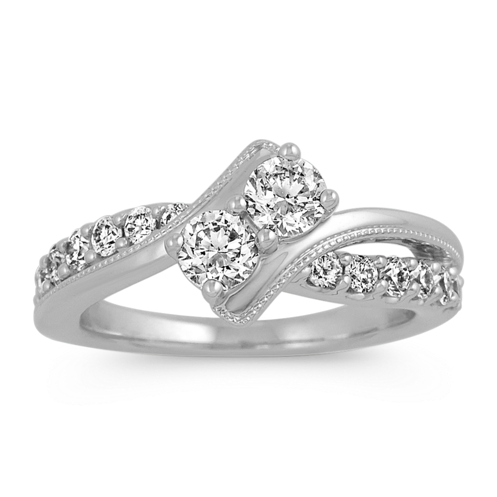 Two-Stone Round Diamond Ring with Milgrain Detailing in 14k White Gold