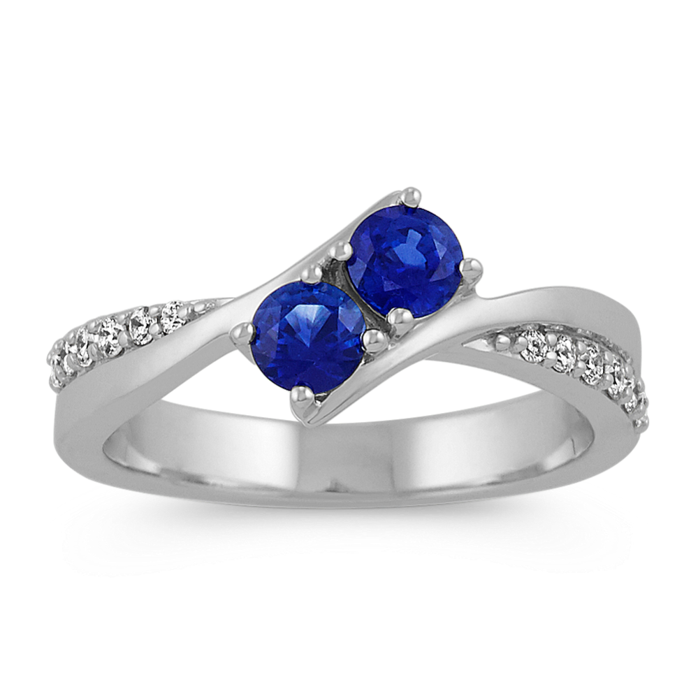 Two-Stone Round Sapphire and Diamond Ring in 14k White Gold