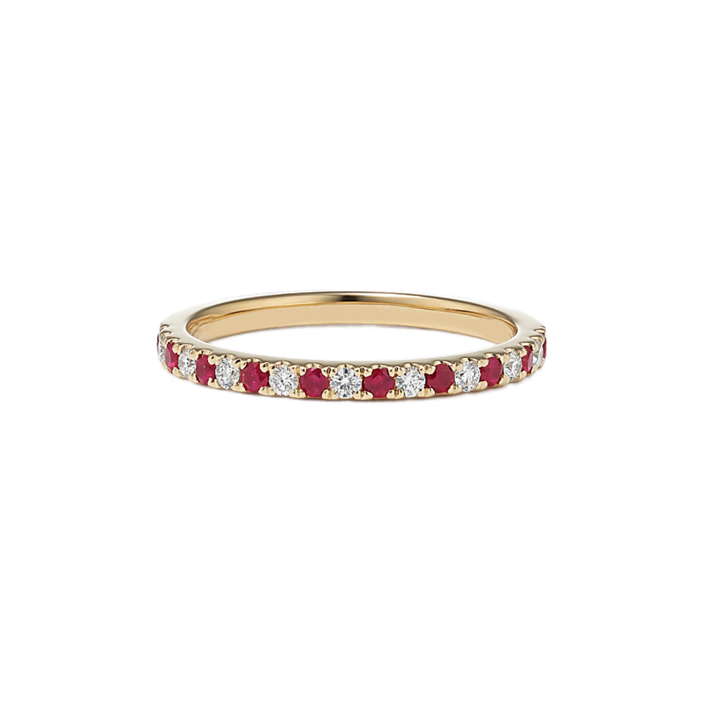 Two Row Diamond and Ruby Wedding Anniversary Ring in 14k Gold