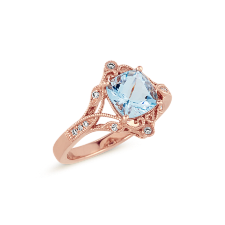 Aster Vintage Natural Aquamarine and Natural Diamond Ring in 14K Rose Gold