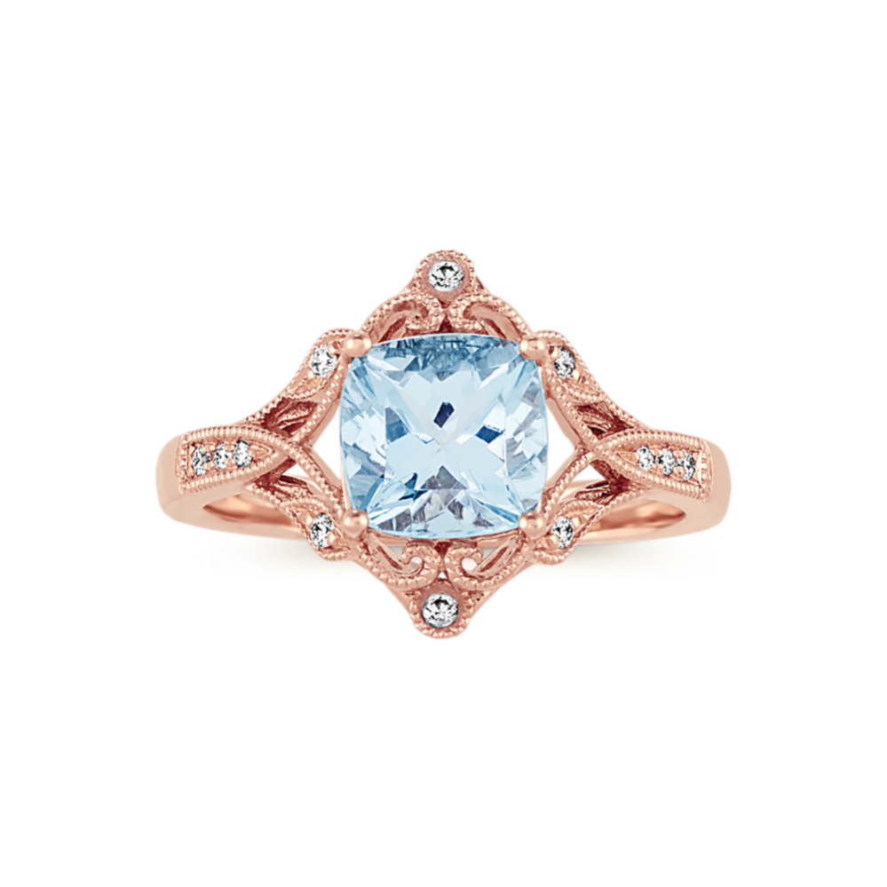 Aster Vintage Aquamarine and Diamond Ring in 14K Rose Gold