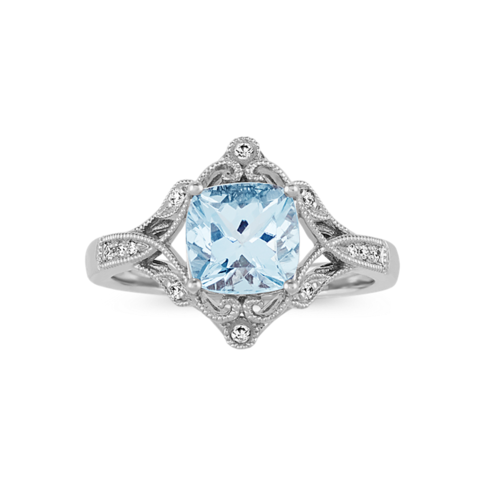 Aster Vintage Aquamarine and Diamond Ring in 14K White Gold