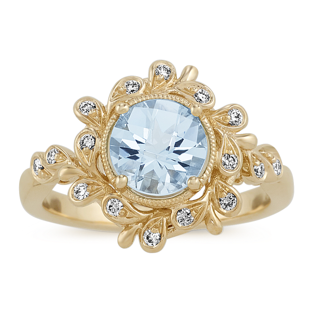 Vintage Aquamarine and Diamond Ring in 14k Yellow Gold