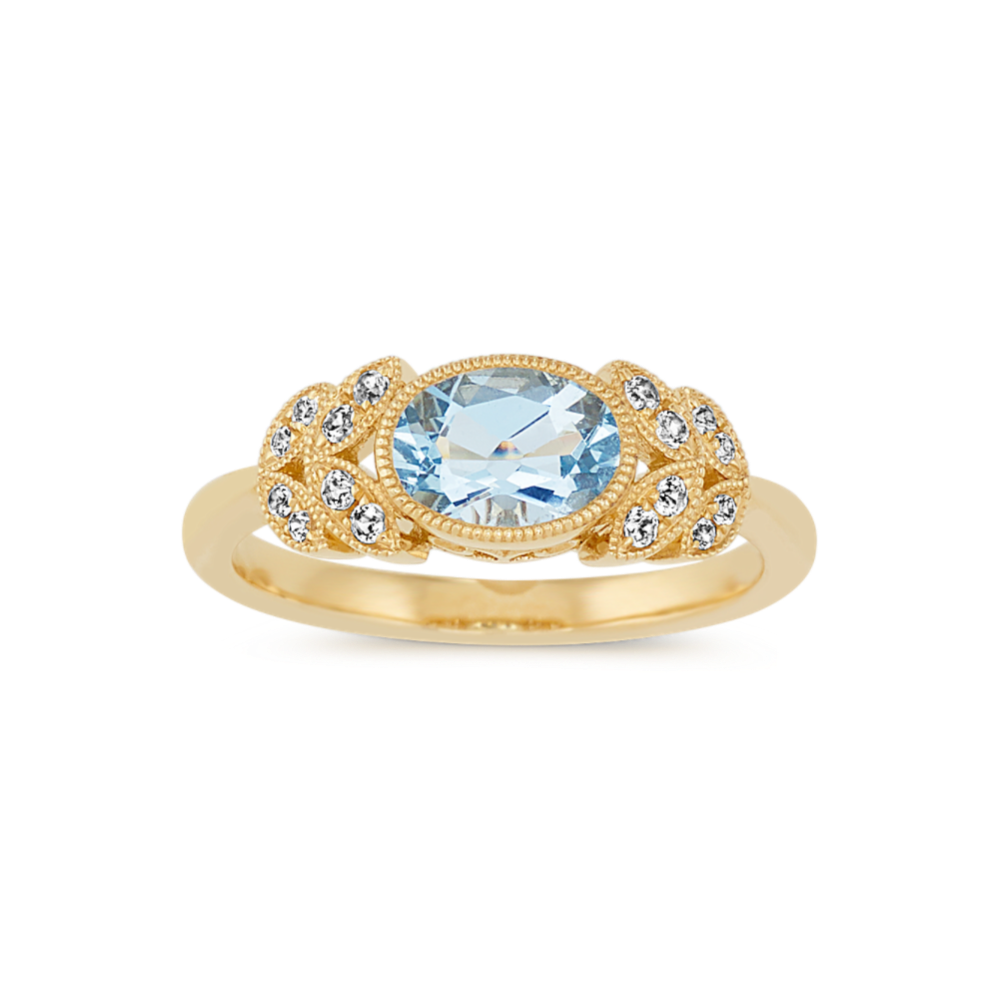 Elinor Vintage Aquamarine and White Sapphire Floral Ring in 14K Yellow Gold