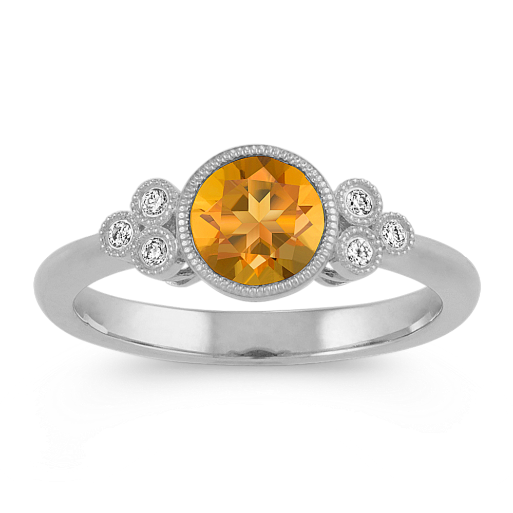 Vintage Citrine and Diamond Ring in 14k White Gold