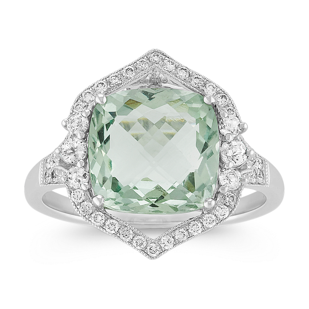 Vintage Cushion Cut Green Quartz and Round Diamond Ring