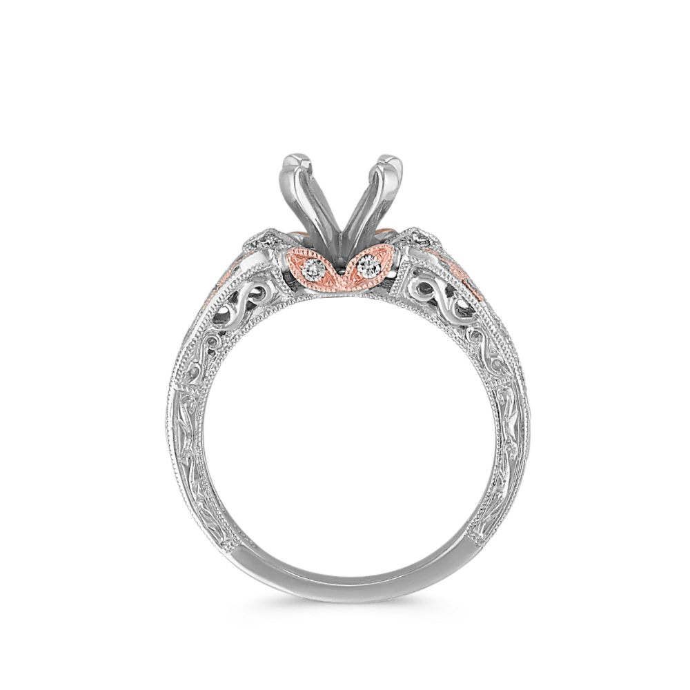 Vintage Diamond Engagement Ring in White Gold with Rose Gold Leaf