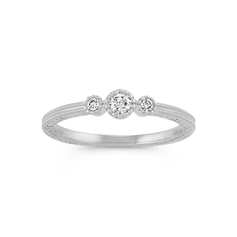 Vintage Natural Diamond Stackable Three-Stone Ring in White Gold