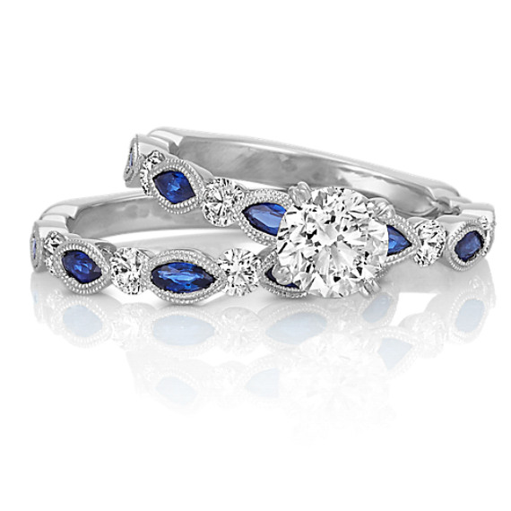 Vintage Marquise Sapphire And Round Diamond Wedding Set With Pave
