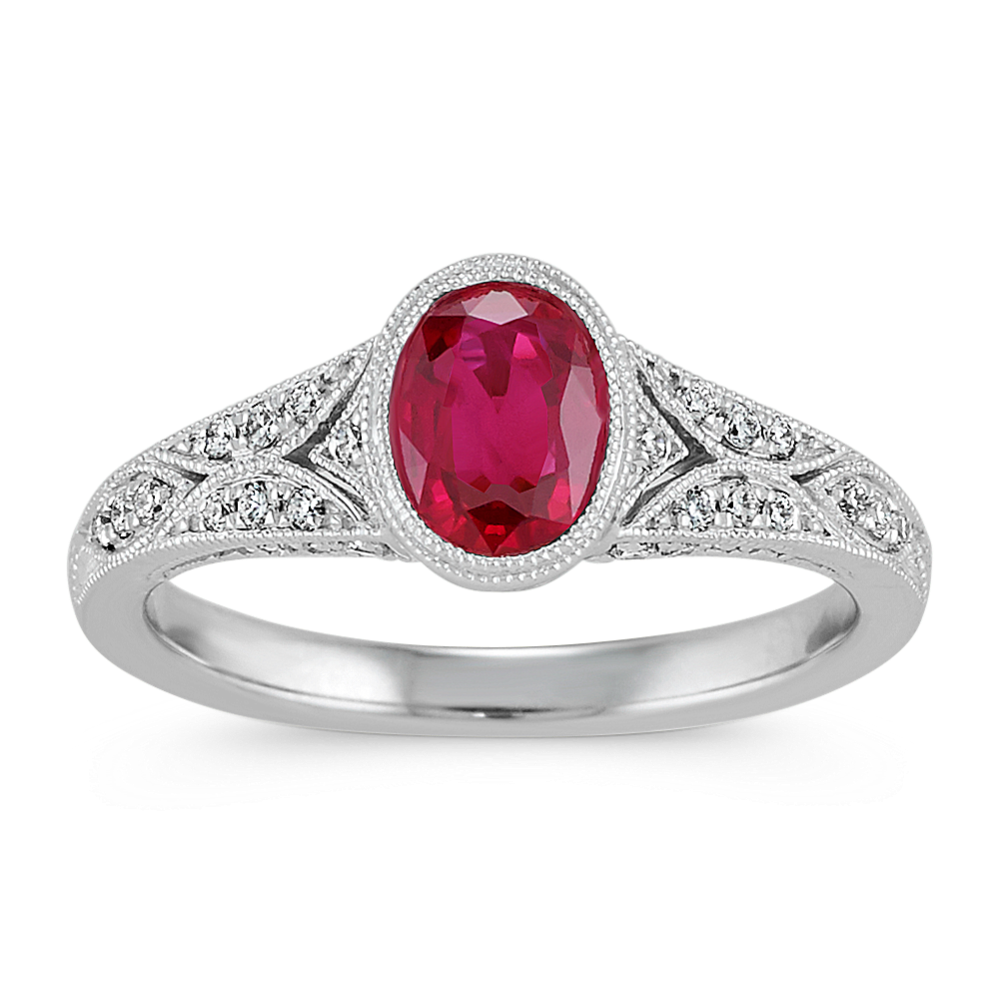 Vintage Oval Ruby and Diamond Ring in 14k White Gold