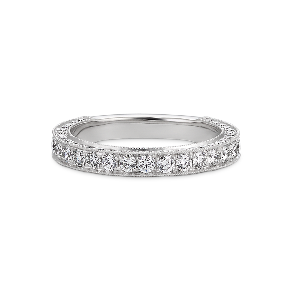 Vintage Round Natural Diamond Wedding Band with Pave Setting in Platinum