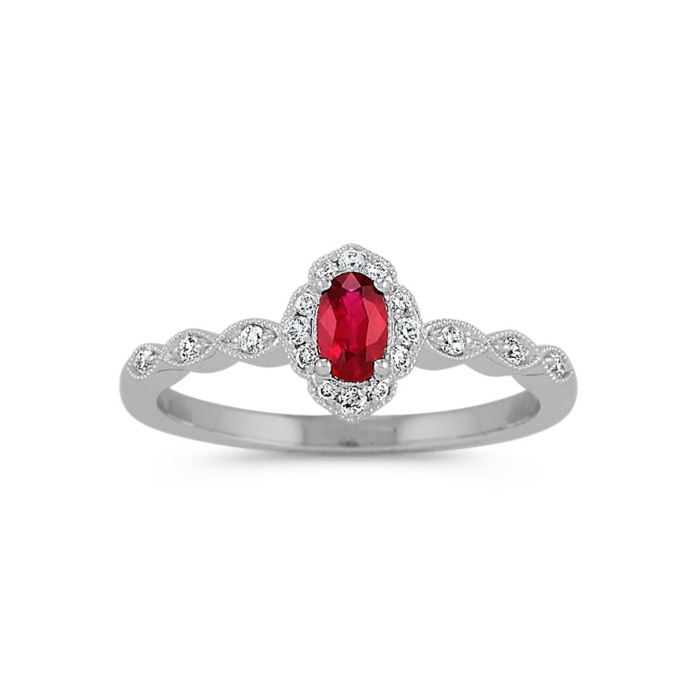 Hestia Vintage Natural Ruby and Natural Diamond Ring in 14K White Gold