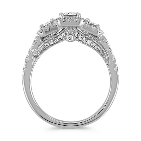 Vintage Three Stone Emerald Cut Diamond Ring With Pave Setting