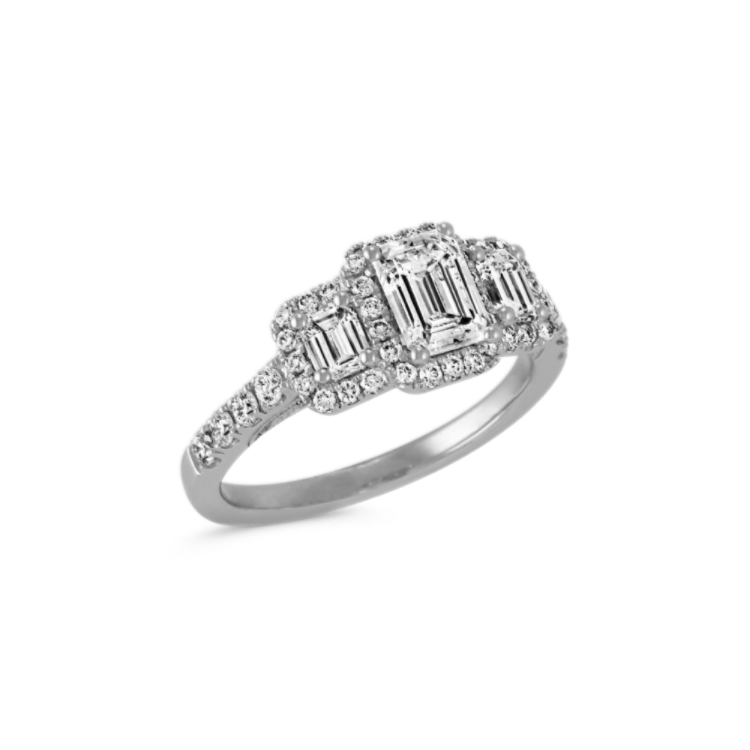 Vintage Three-Stone Emerald Cut Natural Diamond Ring with Pave-Setting