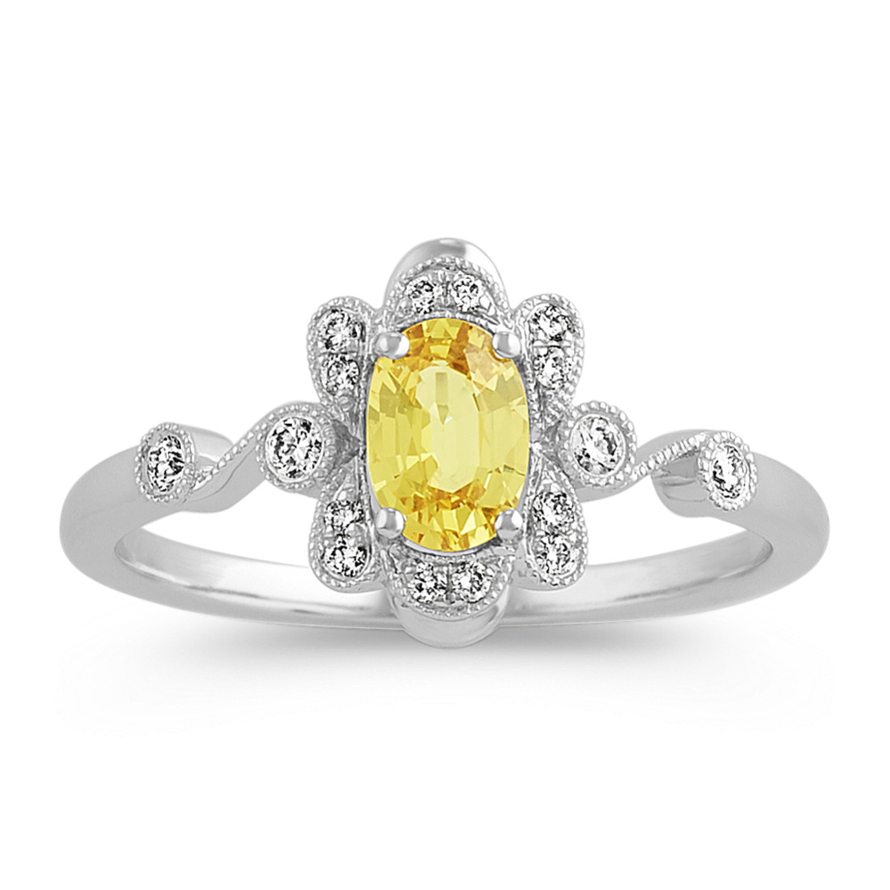 Vintage Yellow Sapphire and Diamond Ring in 14k White Gold