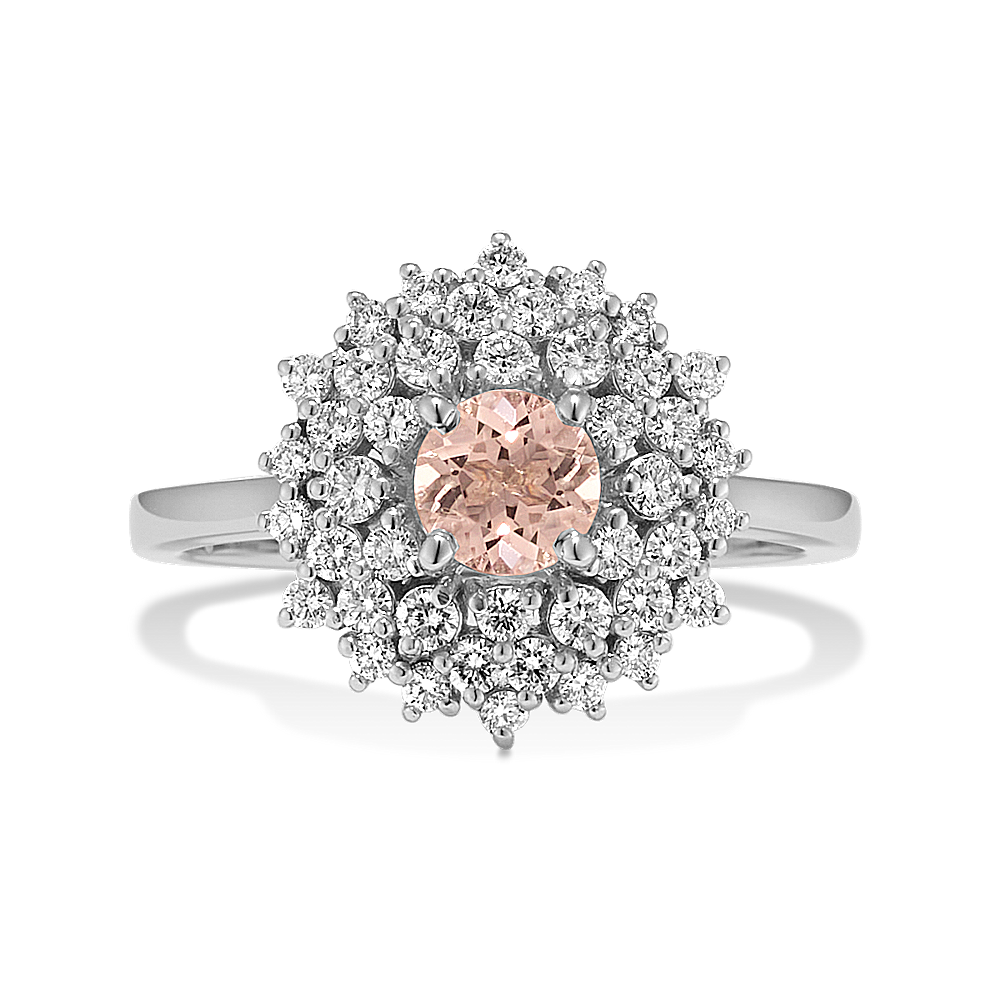 14k Rose Gold Morganite Flower Clover Diamond Halo Engagement Promise Ring  Pink Peach