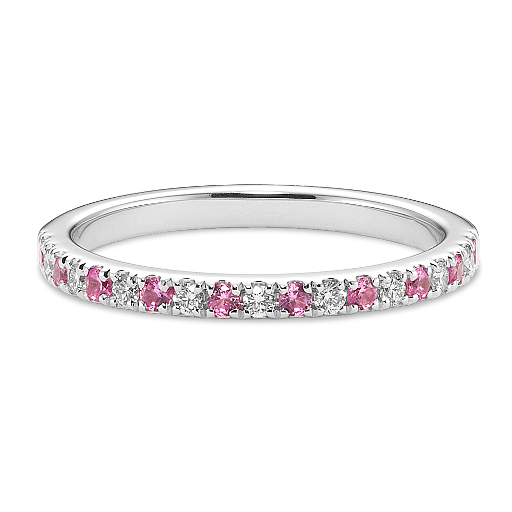 Whimsy Pink Sapphire and Diamond Wedding Band with Pave Setting