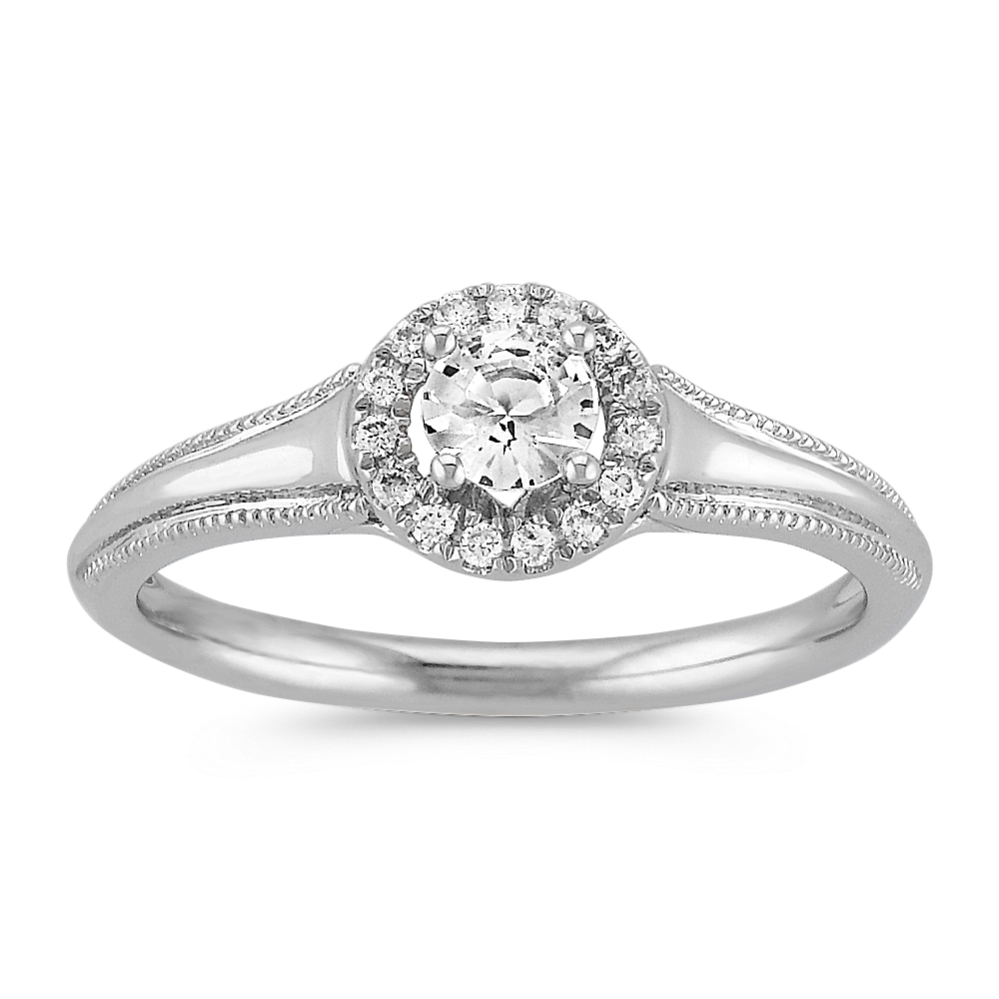 White Sapphire and Diamond Halo Fashion Ring in Sterling Silver