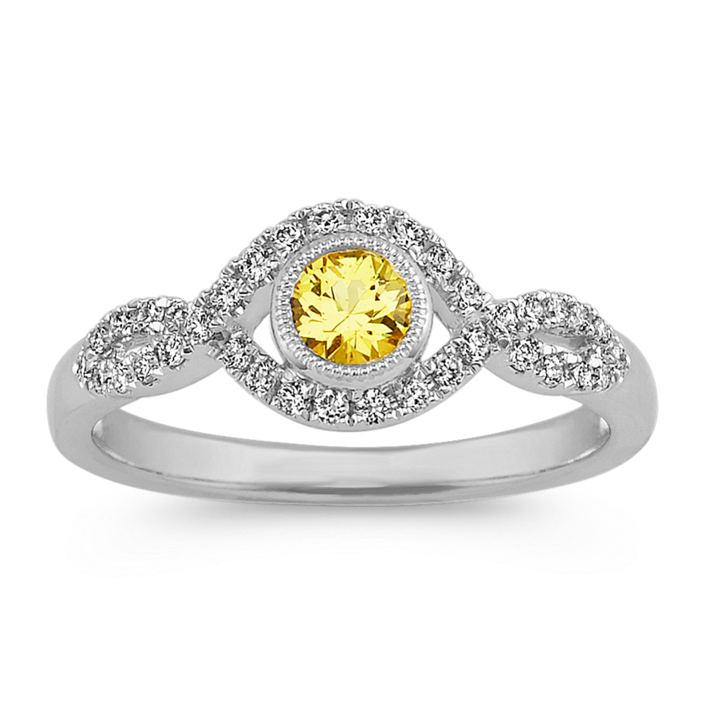 Yellow Sapphire amd Diamond Ring in 14k White Gold
