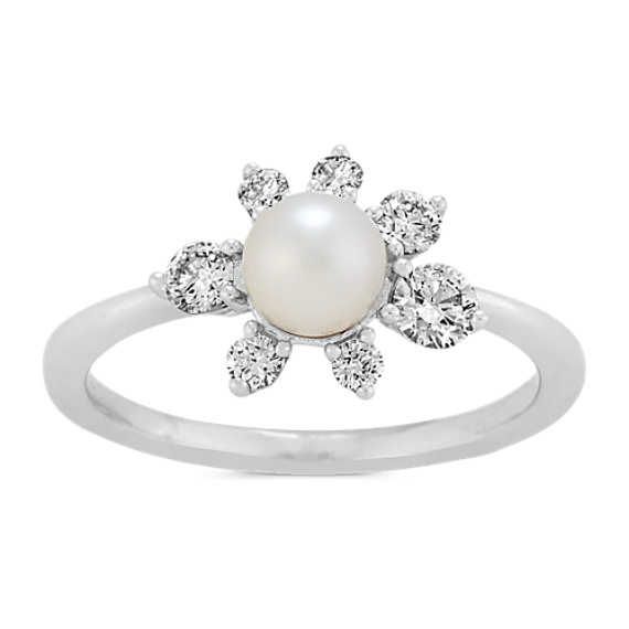 5mm Freshwater Pearl and Diamond Floral Ring