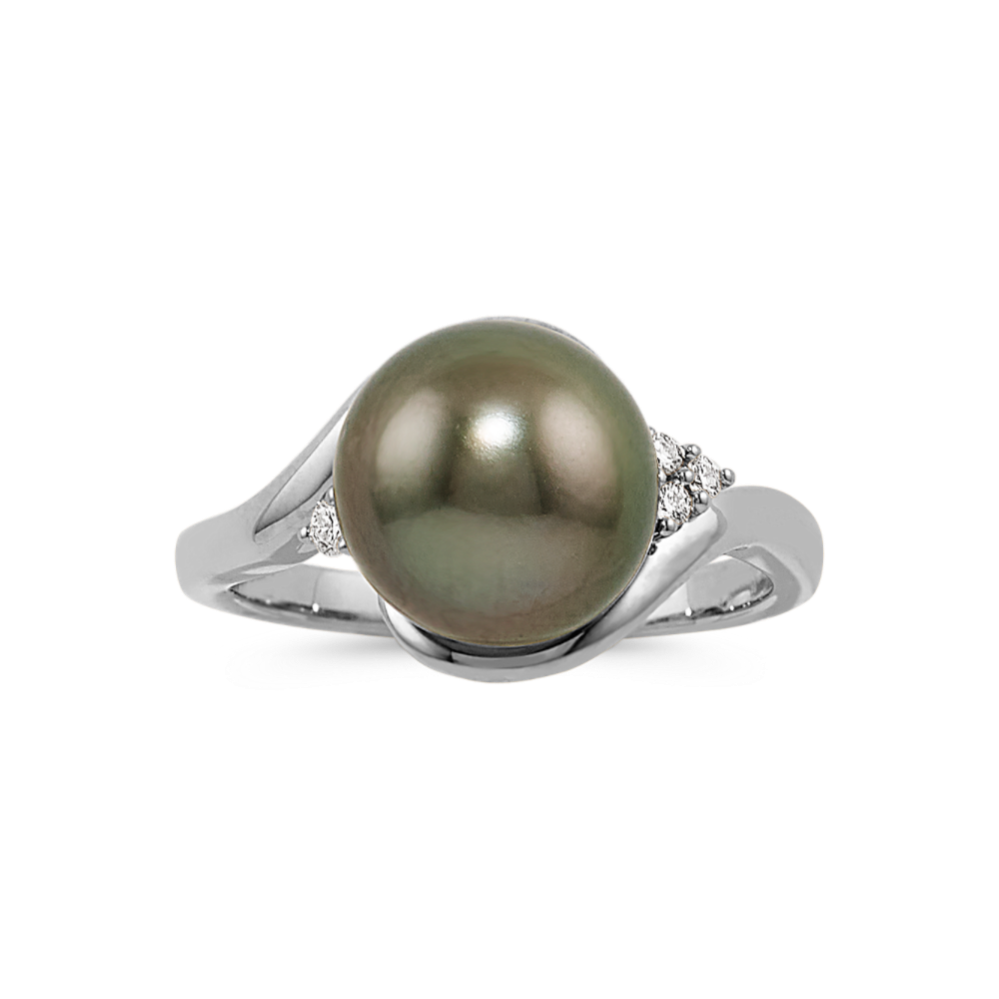 9mm Tahitian Pearl and Diamond Ring in 14K White Gold
